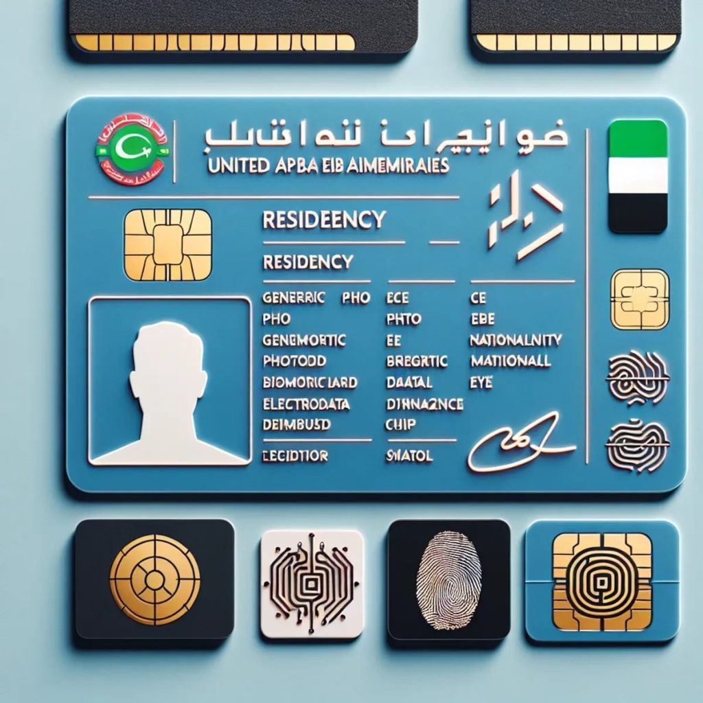 A plastic card resembling a credit card, with a generic photo, nationality symbol, and an electronic chip. Signs of biometric data, such as a fingerprint or eye symbol, are depicted to reflect the biometric data store. An additional symbol indicating a digital signature is also included.