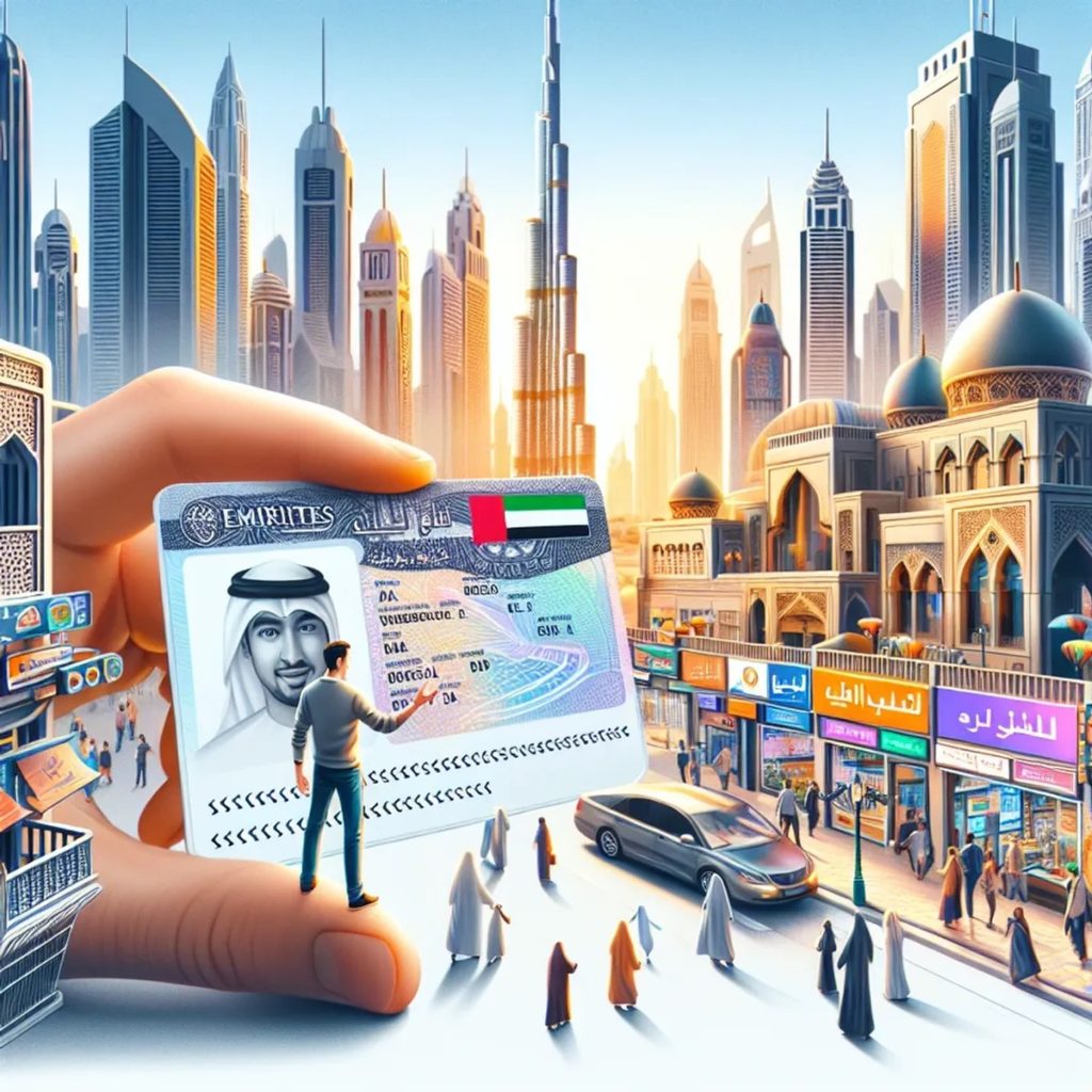A man in Dubai holding a transparent Emirates ID card, with a bustling city scene in the background and a computer screen displaying an official government portal.